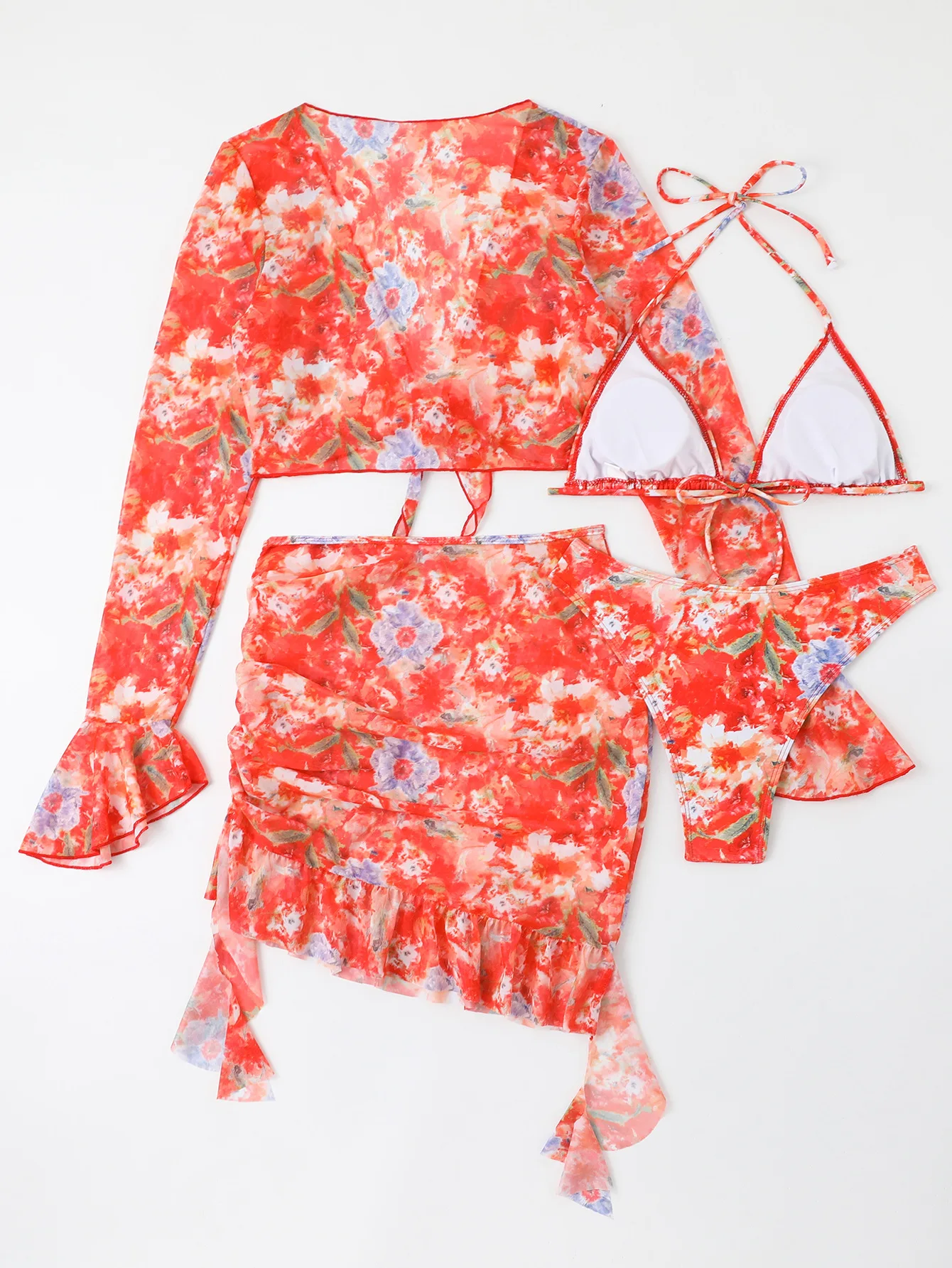 4-teiliges Bikini-Set für Damen, orangefarbener Blumendruck, lange Ärmel, Netzstoff, vertuscht, Rüschenrock, Badeanzug, 2022, sexy Badeanzug, Bademode
