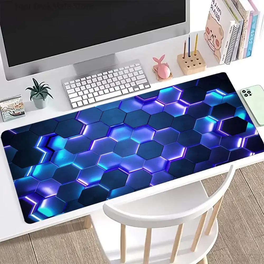 

1Pcs Blue Purple Glowing Hexagon Print Large Stitched Edge Non-Slip Gaming Desk Mat Mouse Pad
