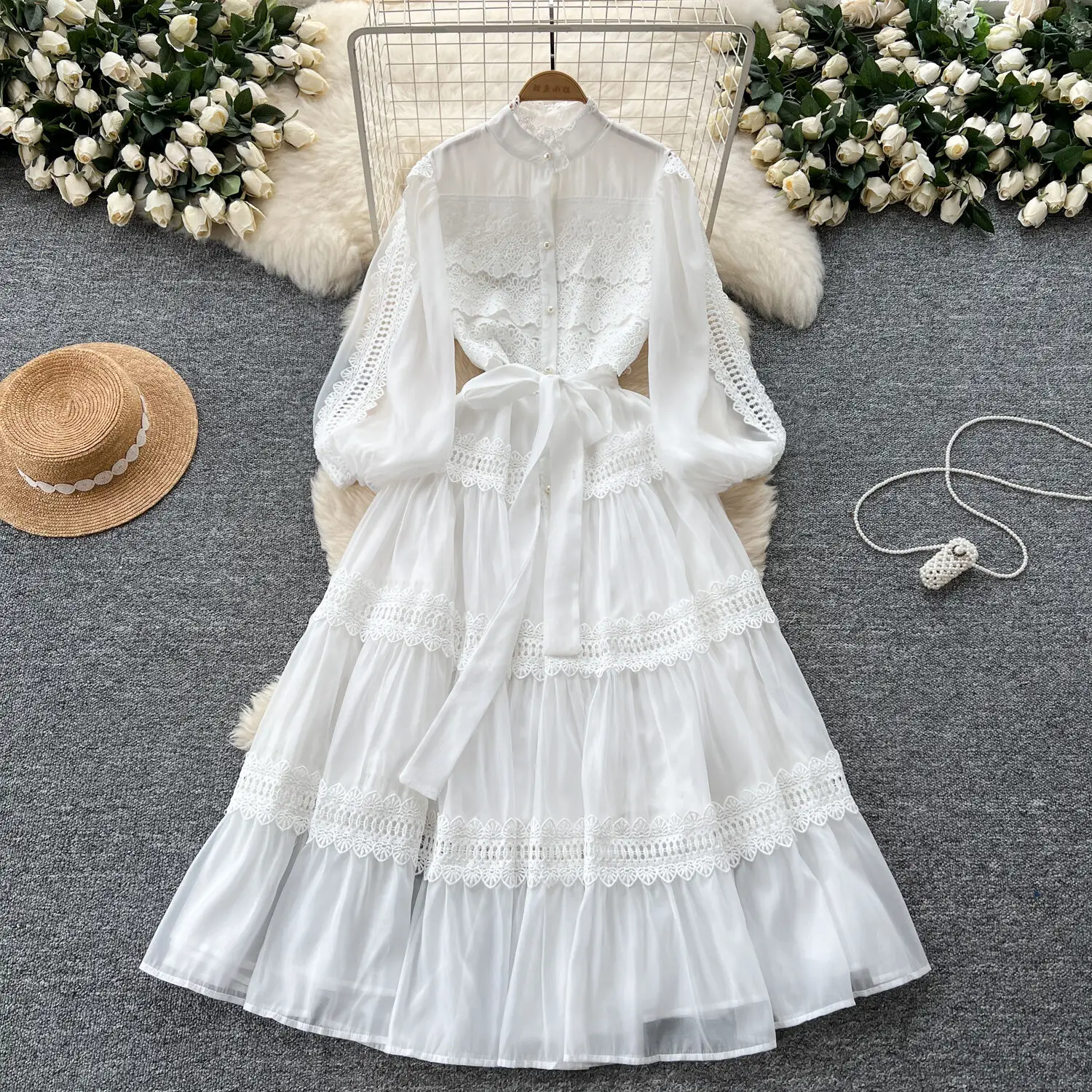 Élégant évider Organza longues robes Maxi chemise femmes printemps été couche à volants manches longues perle soirée robes