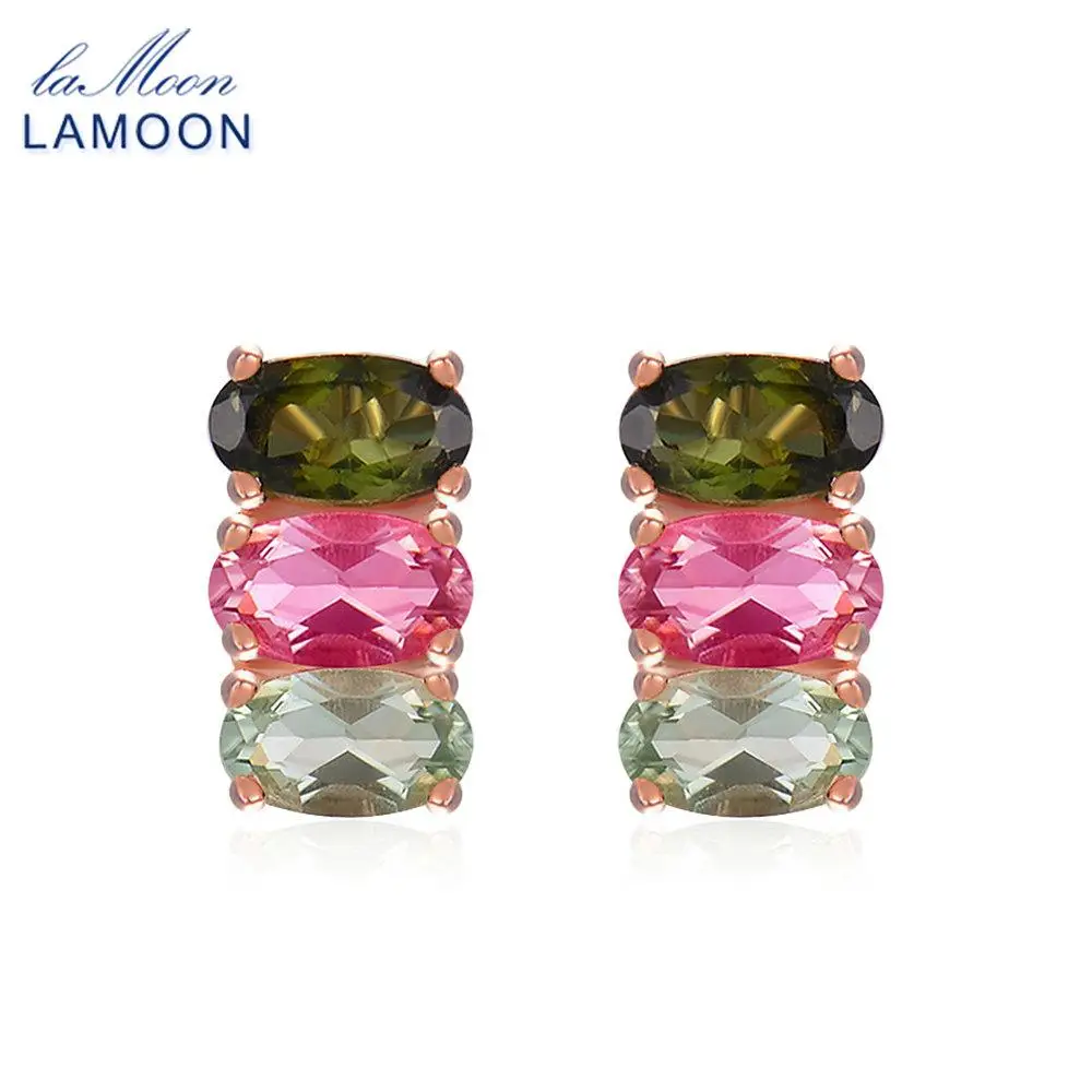 LAMOON Classic 100% Natural Multi-Color Oval Tourmaline 925 Sterling Silver Jewelry Rose Gold Plated S925 stud Earrings LMEI035