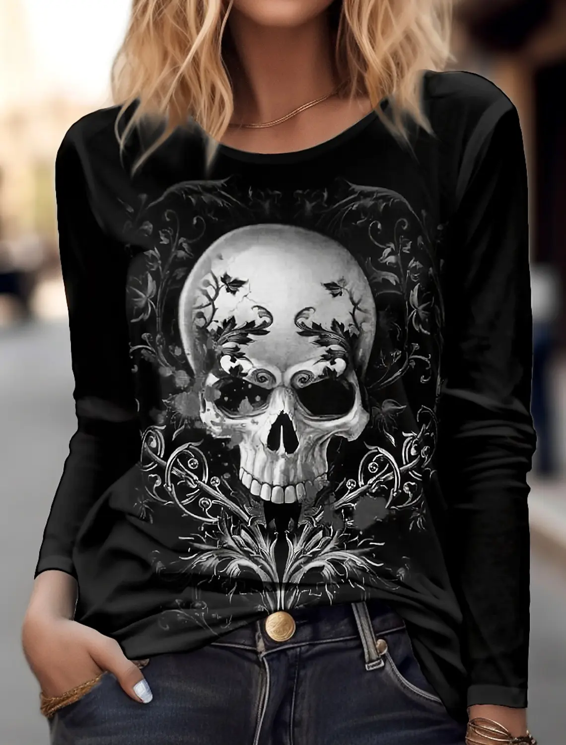

Skull Women's Long Sleeve T-shirt for Women's Clothing Casual Holiday Tops Fashion Unisex Sportswear Harajuku Halloween Clothing