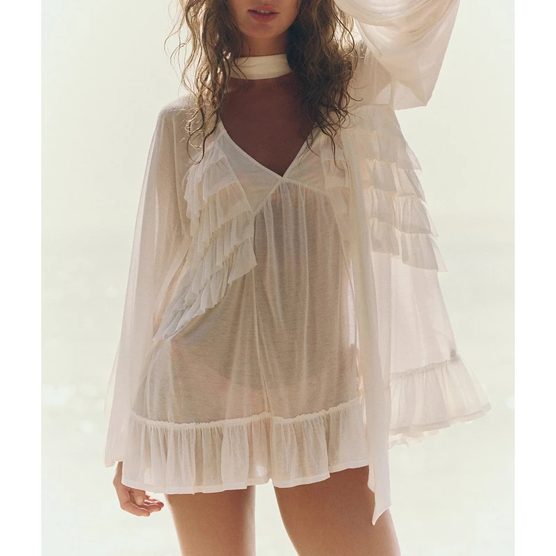 Combhasaki Vrouwen Sheer Mesh See-through Shirt Tops Lantaarn Lange Mouw V-hals Ruche Trim Blouse met Sjaal Beachwear Cover-ups