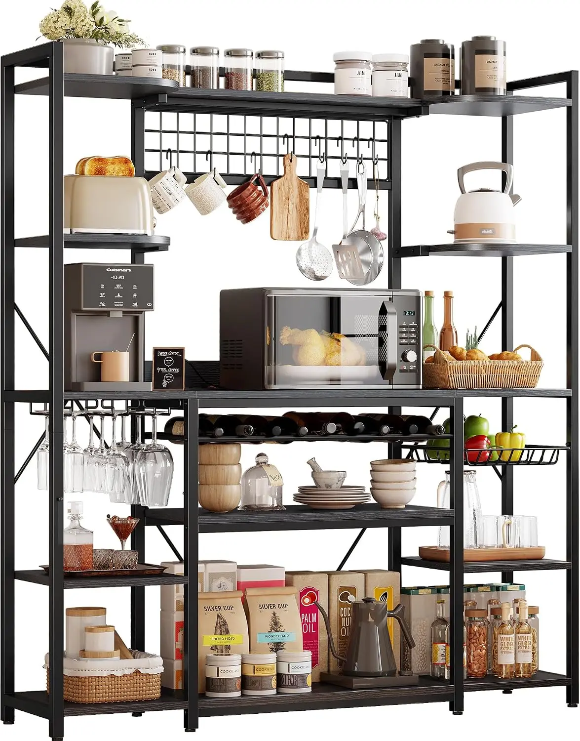 624 Inch Bakers Rack Power Outlets Wine Storage Combines 5 Shelves 3 Ac Outlets Basket S Hooks
