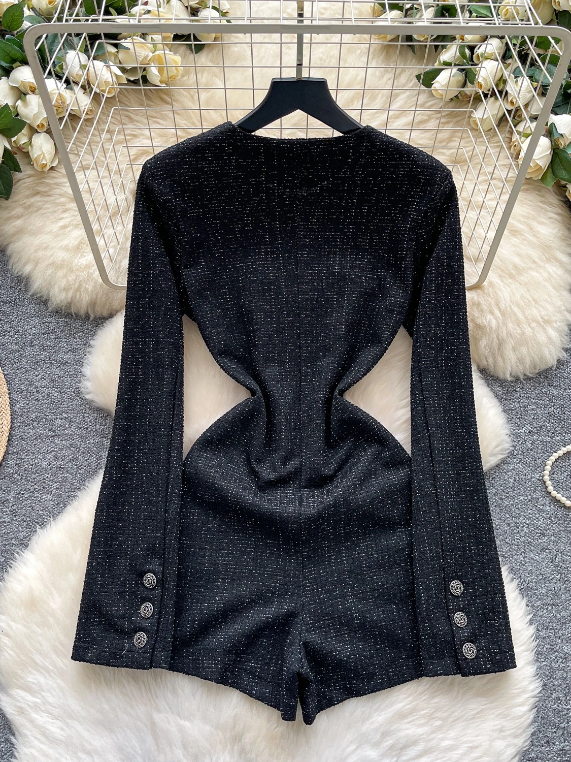  round Ne Long Sve Jumpsuit Women's Autumn Winter Faion Metal Bule Plaid ature Lady Ci Commute Dr