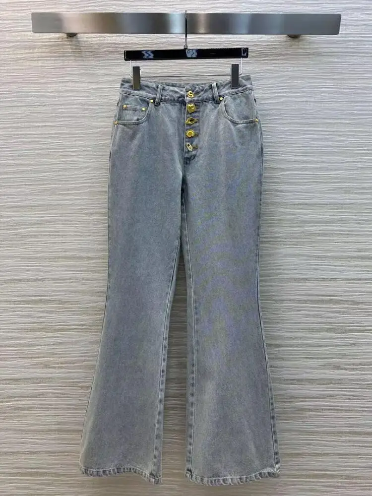 

2025 New Design Spring High Waist Single Breasted Gold Buttons Flare Jeans Women Slim Fit Elegant Vintage Fashion Denim Pants