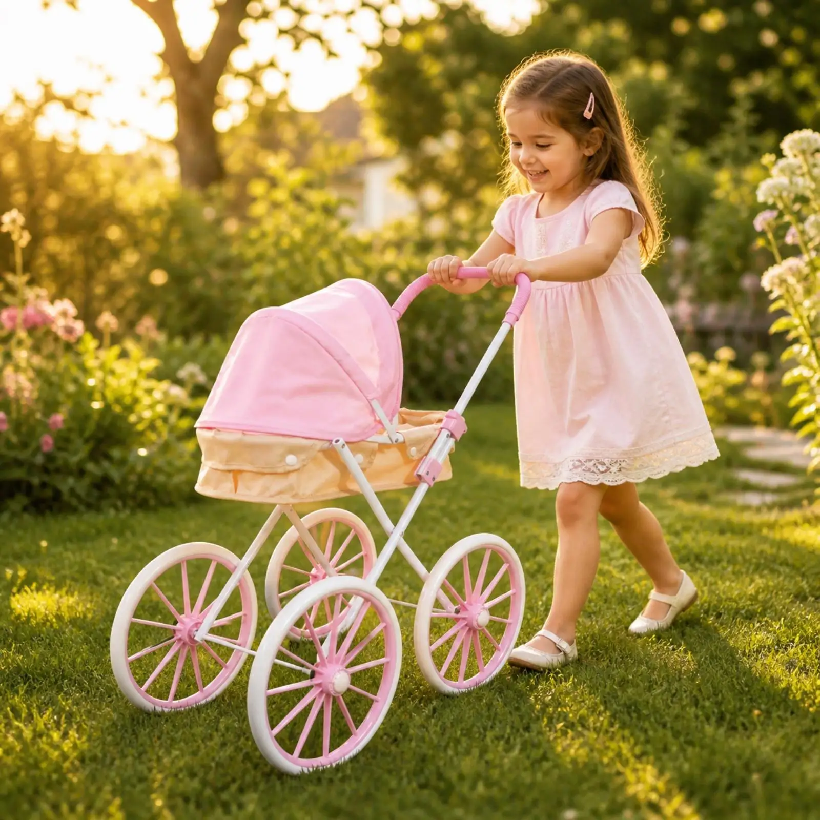 Make-Believe Play Toy Carriage with Canopy Large Wheels Toy Carriage with Canopy Portable for Kids Aged 4-6, Young Children