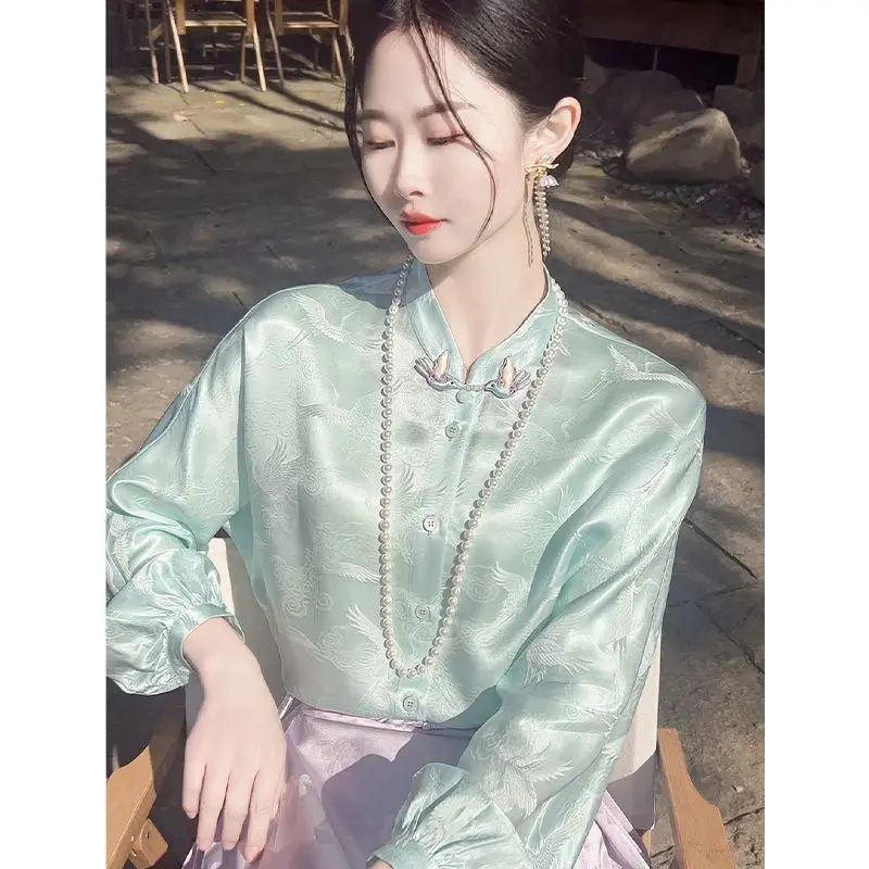 

Новинка 2023 года, весенняя женская рубашка в китайском стиле с узором «Добби птиц», зеленая рубашка Тан, женские топы с рукавами-фонариками из искусственного шелка, рубашки