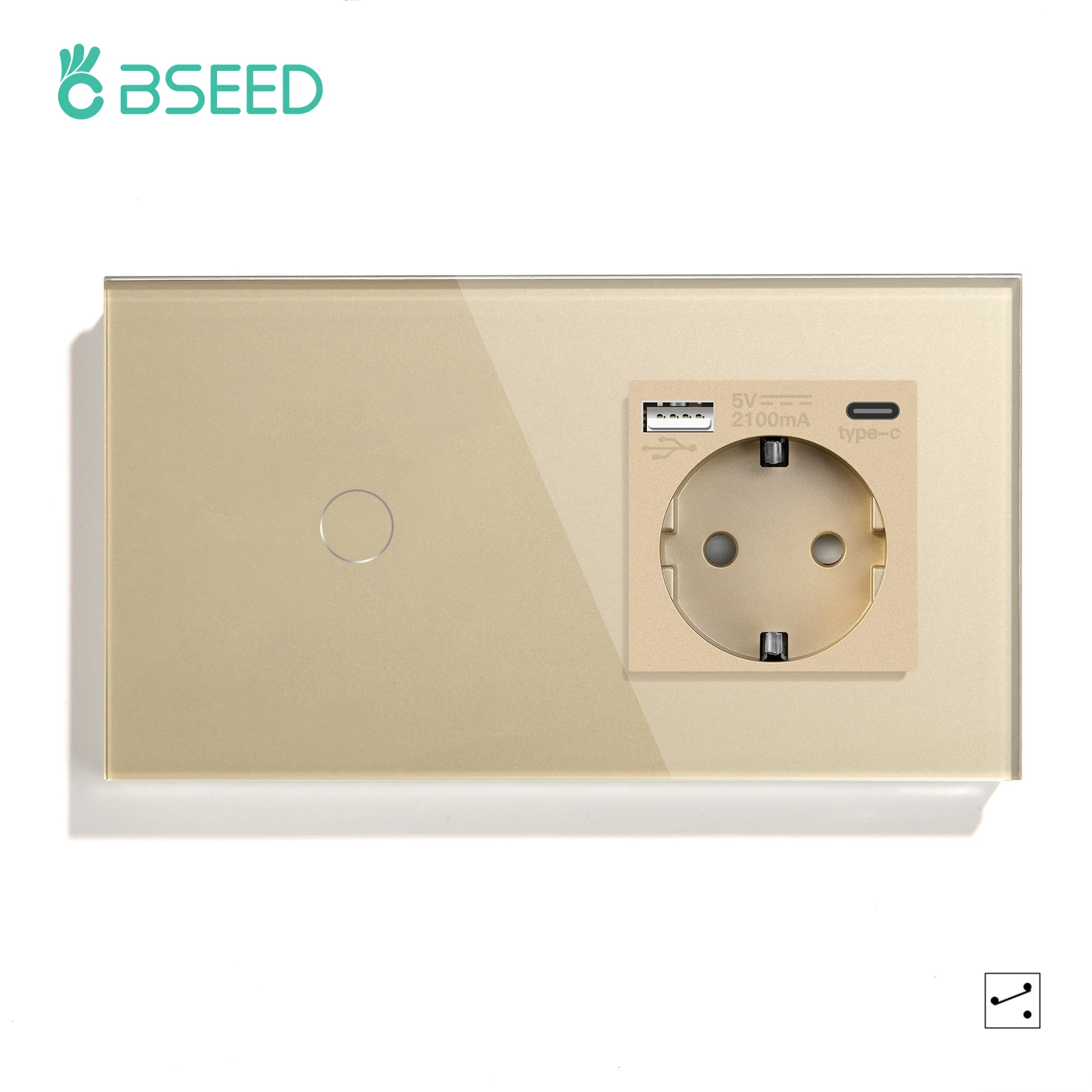 Bseed Touch Lichtschakelaar 1/2/3Gang 2Way Stopcontact Type-C Usb-poort Lichtschakelaars Voor Trappen Glazen Paneel Blauwe Achtergrondverlichting 240V