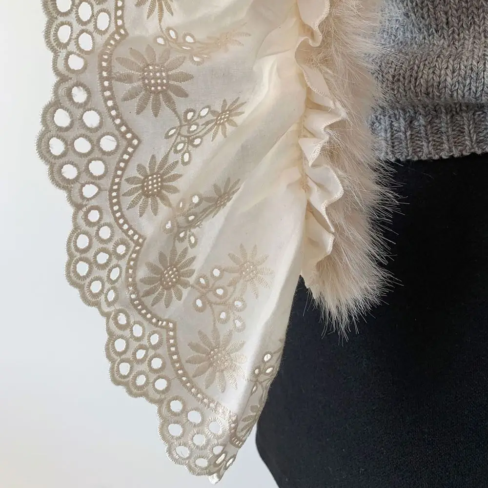 

Модный черно-белый шарф Y2K для девушек, теплый шарф-снуд с кружевом и мехом, осень-зима-весна