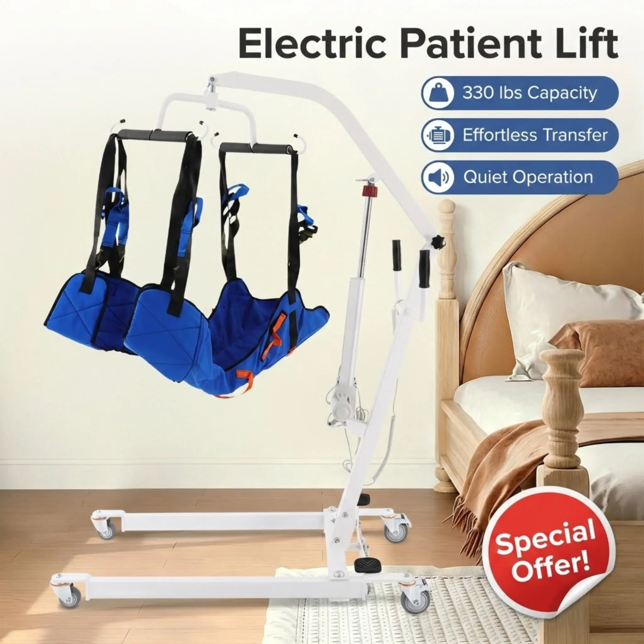 

Electric Patient Lift For Home Hospital Use Carbon Steel Transfer Hoist 330lbs Capacity With Blue Nylon Sling Quiet Operation