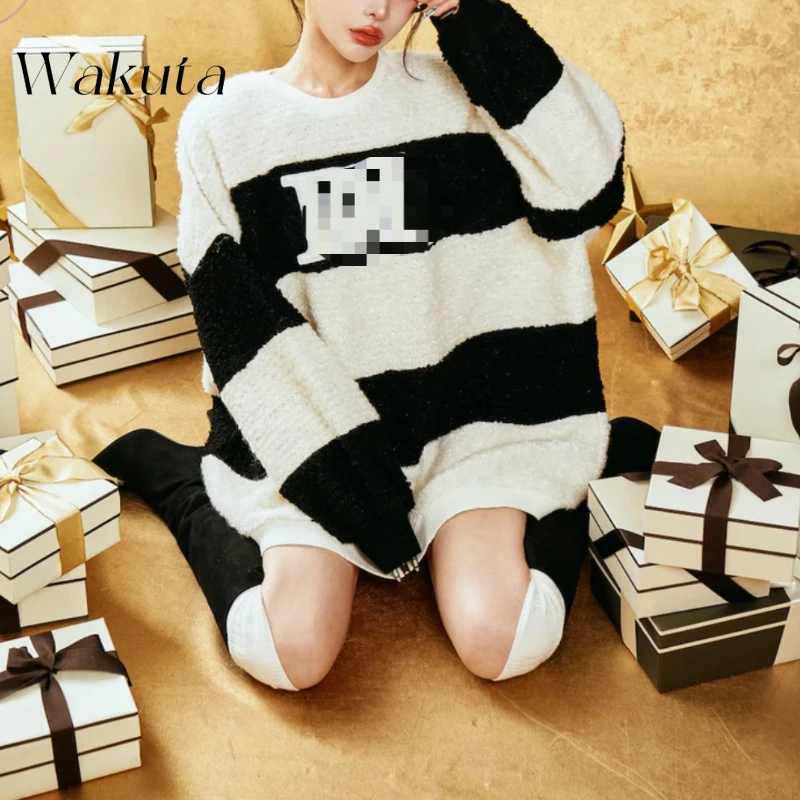 WAKUTA Japan/South Korea Fall and Winter Round Neck Long-sleeved Striped Sweater Fashion Wool Blend Loose Medium-length Jumpers