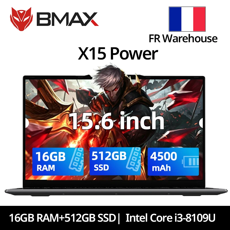 Ordinateur portable BMAX X15 Power 15,6'' IPS 16 Go de RAM 512 Go SSD Intel Core i3-8109U CPU Windows 11 Batterie 4500 mAh Ordinateur portable HDMI Wifi USB Clavier numérique