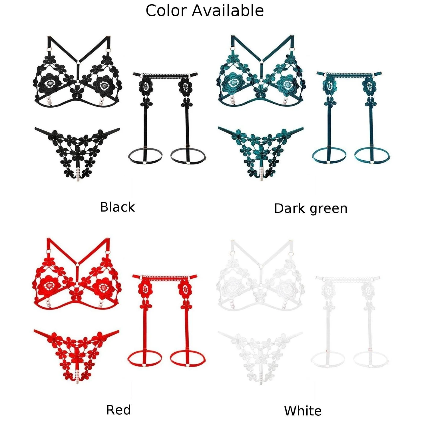 Women Sexy Erotic Sling Underwear Appliques Hollow Bra Pearl Beaded Thong Panties Seductive Lingerie 2pcs Set Porn Sleepwear