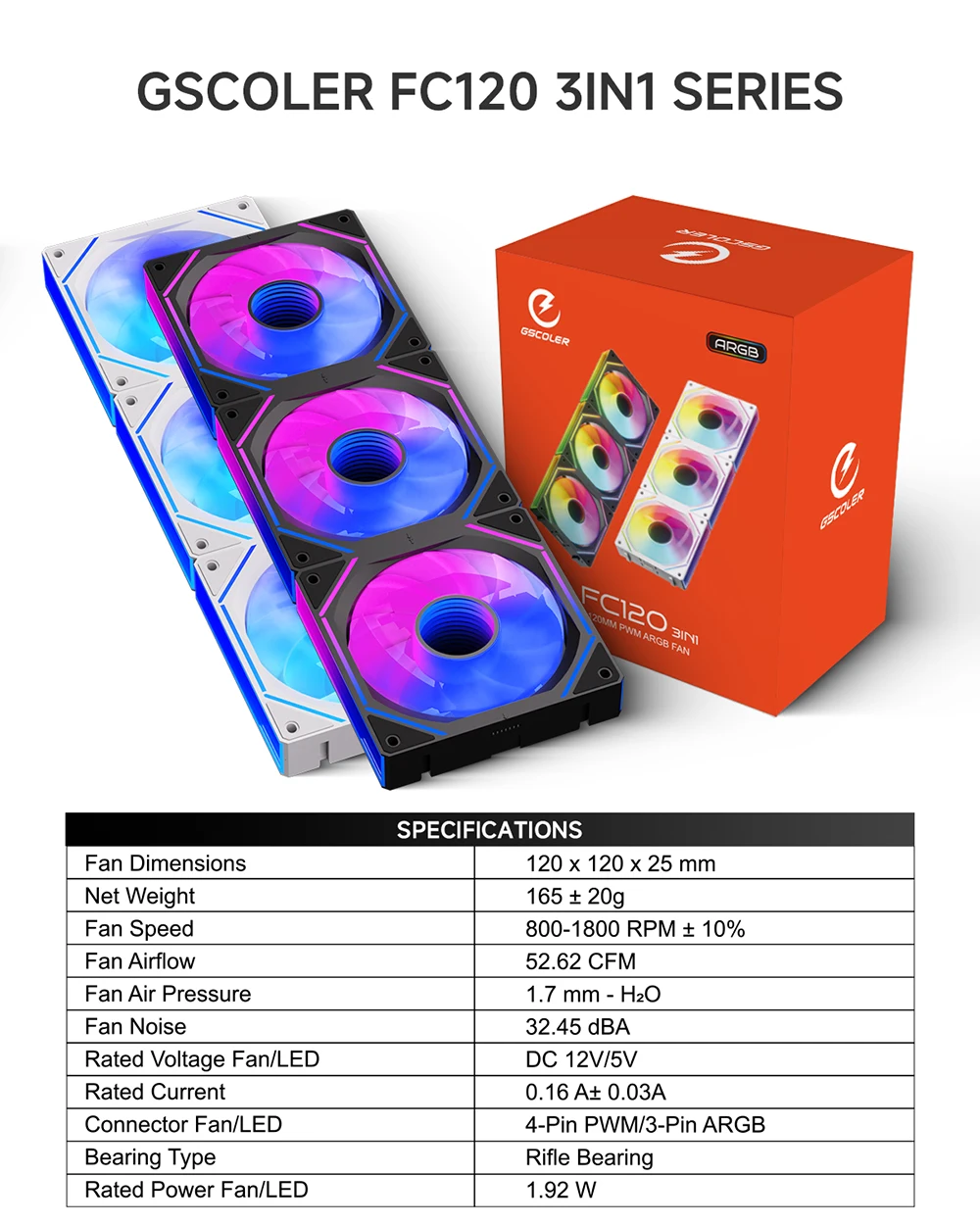 GSCOLER FC120 3IN1 Computer Chassis Fan 12cm PWM Quiet Cooling Fan 12V Large Air Volume 52.65CFM/800-1800RPM ARGB fan for PCcase