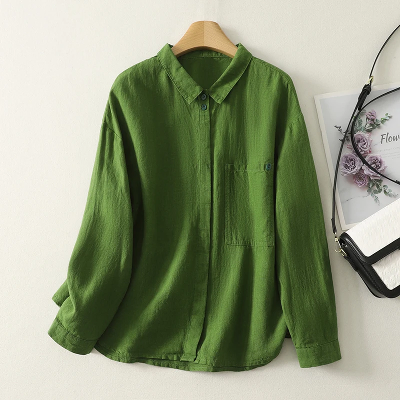 

High-End Anti-Aging Original Quality Early Autumn Gentle Display Pure Flax Loose Women's Shirt Breathable Thin Long Sleeve