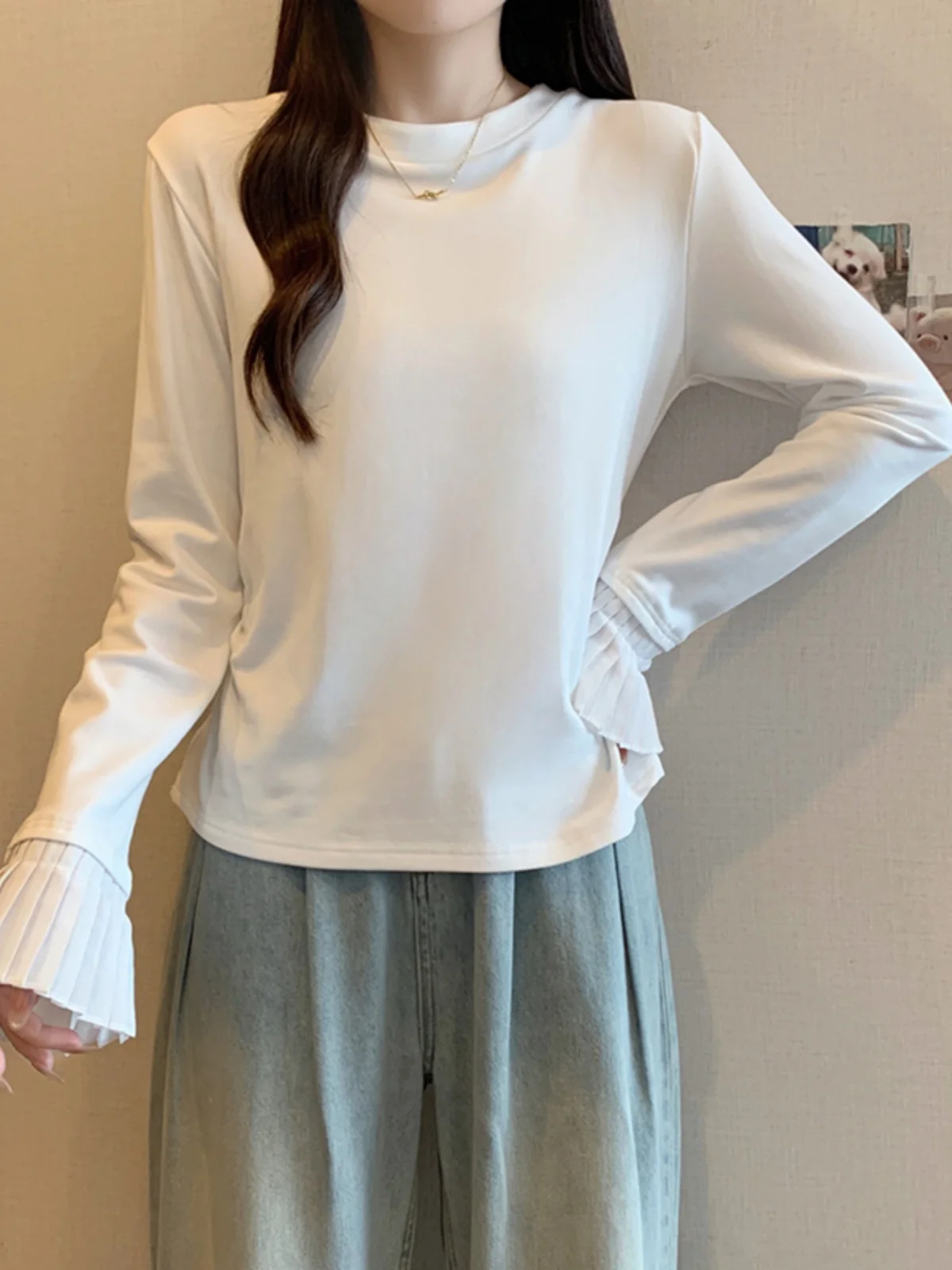 Black Long Sleeve T-Shirt Women's Spring Large Size Fat MM Inner Shirt Base Layer Fake Two-Piece Top Shoulder Width Regular