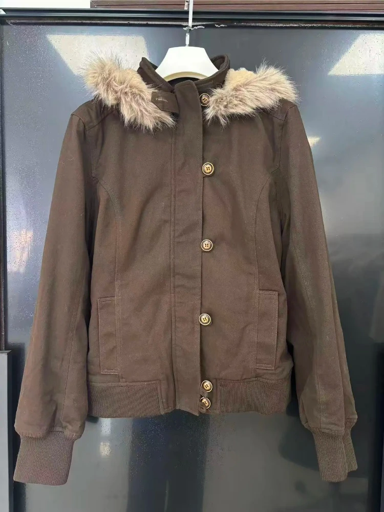 Vintage Hooded Fur Trim Jacket Women Unique Cropped Fleece Lined Button Front Ribbed Hem Slim Fit Casual Winter Daily Outfit