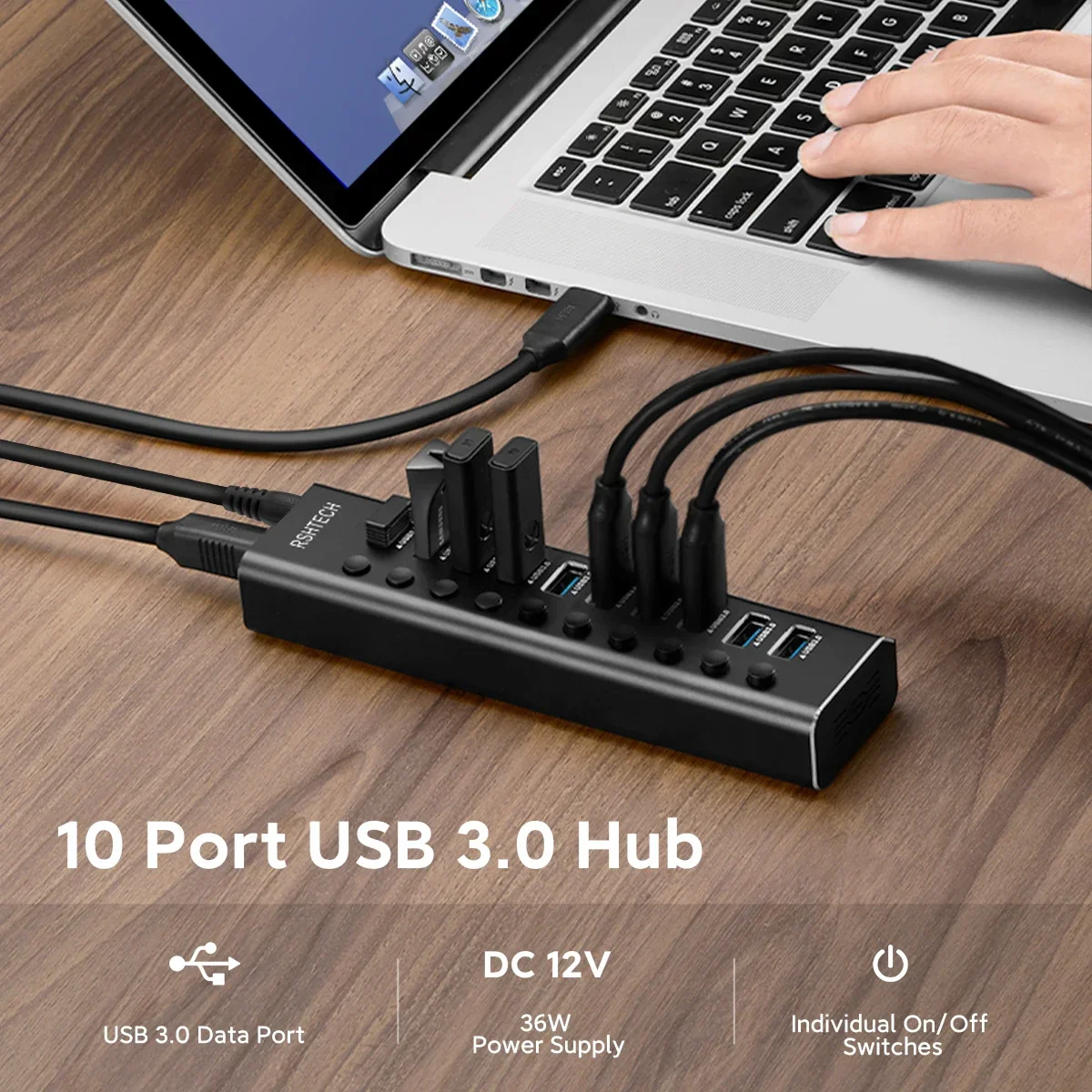 RSHTECH USB Hub 10 Port 5Gbps USB 3.0 Data Hubs with 36W 12V/3A Power Adapter Individual On/Off Switches Laptop USB Splitter