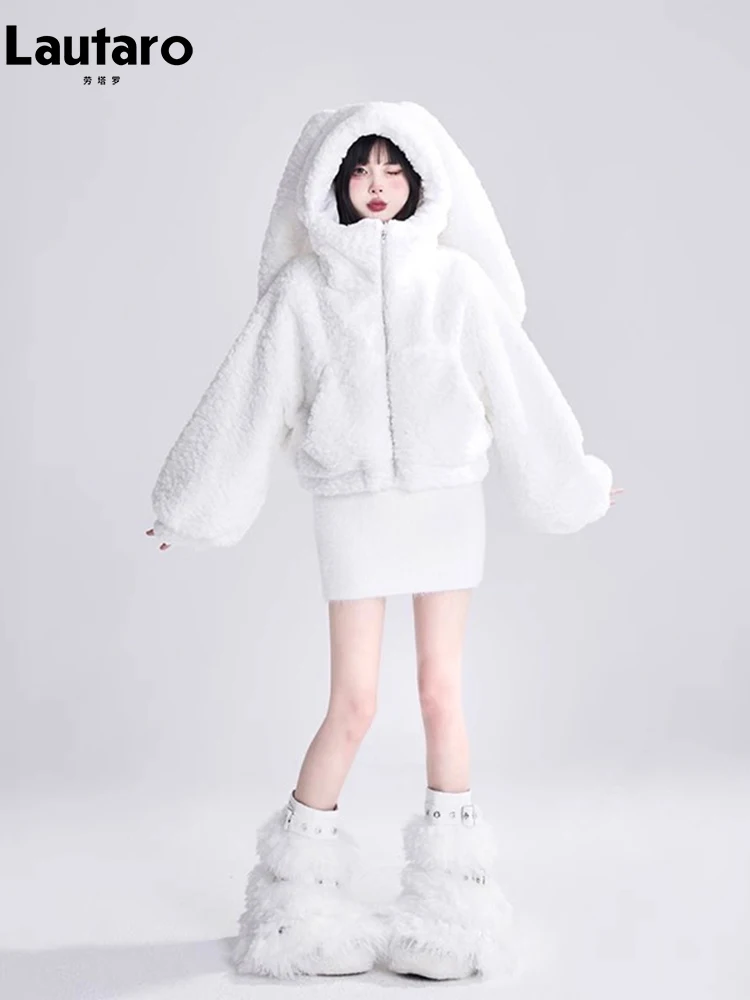 Lautaro Autumn Winter Sweet Cute Lovely Warm Soft White Short Faux Fur Coat Women  with Bunny Ears Fluffy Jacket Hoodie 2023