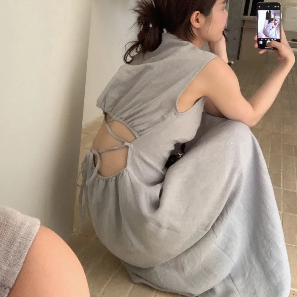 Abito lungo senza maniche senza maniche in lino di cotone Abito estivo da donna con scollo a V Fasciatura Vacanza Midi Vestito estivo Donna femminile 2025