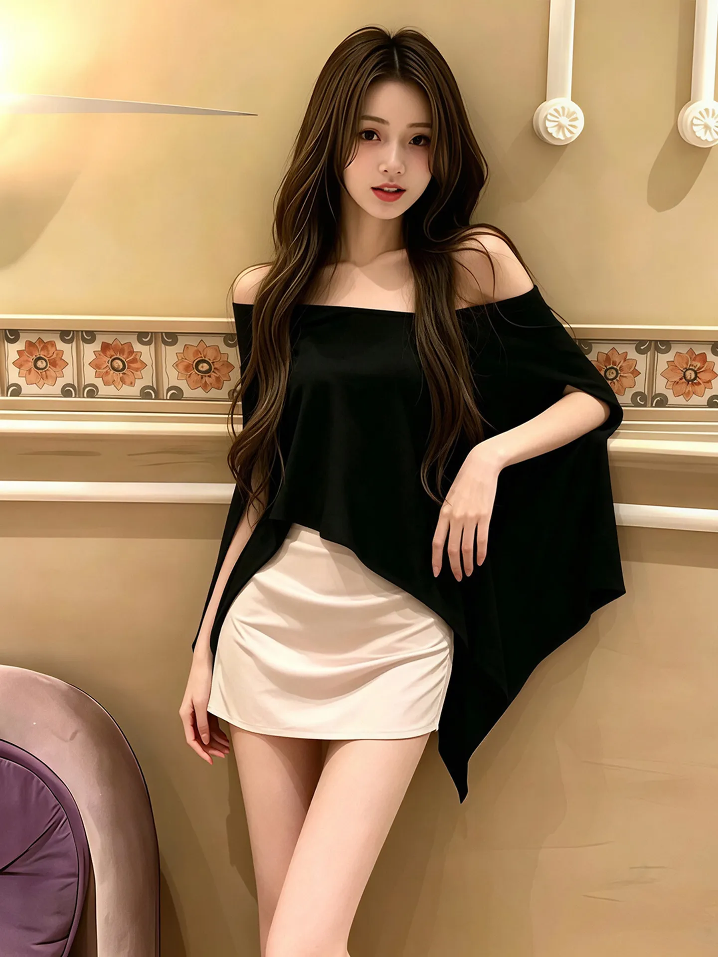 Black Loose Short Sleeve T-Shirt Women's Summer Fashion Casual Miu Series One-Shoulder Top Comfortable Breathable Polyester