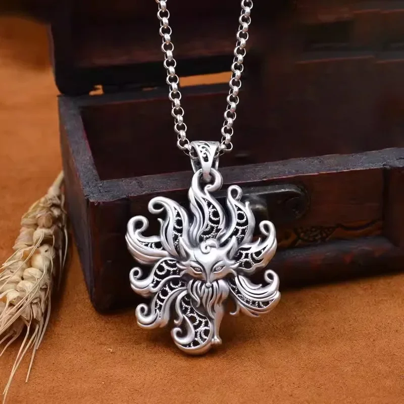 925 Silver Creative Archaic Rhyme Nine Tails Fox Necklace for Women Vintage hollow out National Style Pendant Keel Chain Jewelry