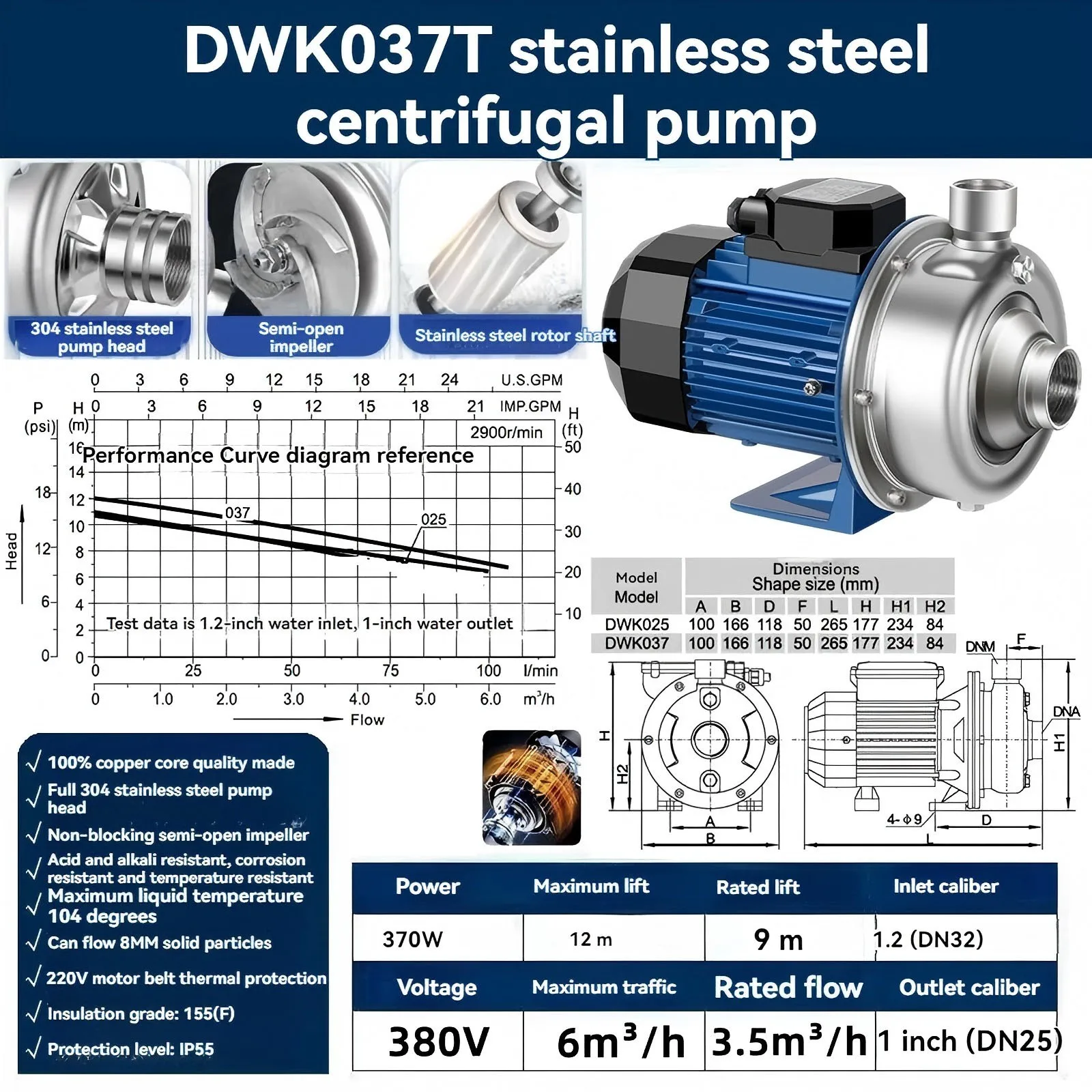 Baru DWK100 750W 220V Pompa Sentrifugal Baja Tahan Karat Tipe DWK Pompa Sirkulasi Tahan Asam dan Alkali Limbah Antikorosi