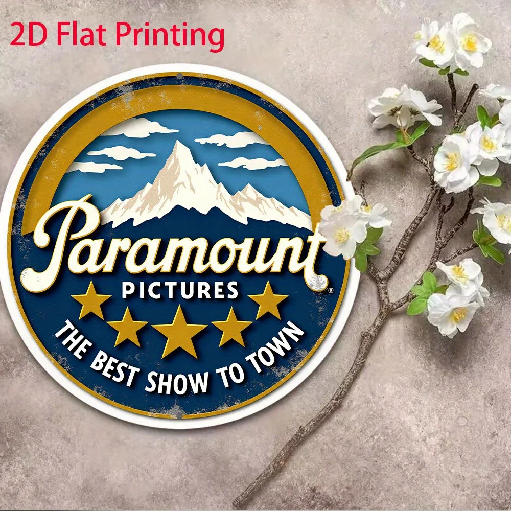 2D مسطح، قطعة واحدة من صور Paramount العتيقة، لافتة ألومنيوم مستديرة - 20.32 سم لوحة فنية جدارية معدنية قديمة مع تصميم الجبال والنجوم، "The B