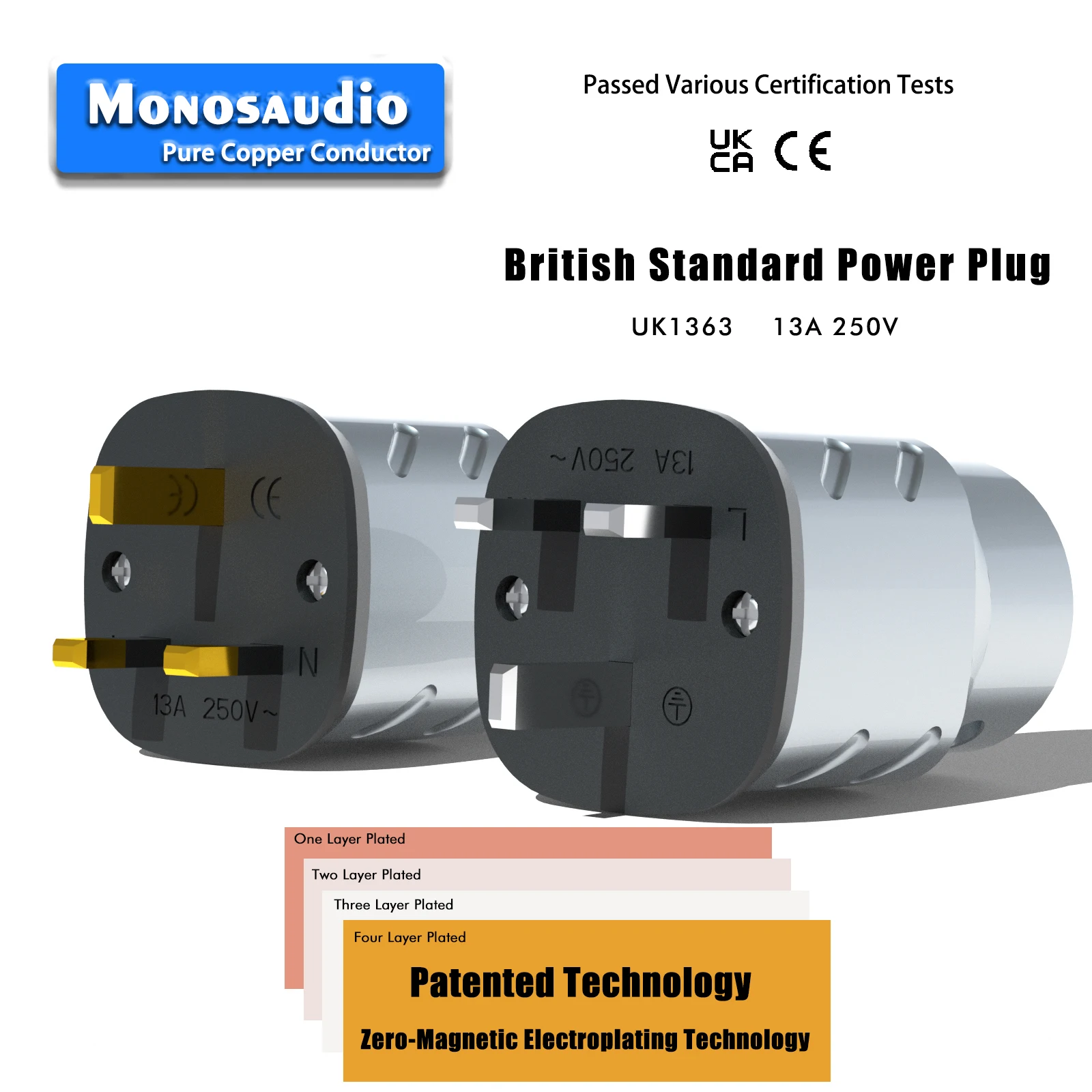 Monosaudio UK Power Plug 99.99% Pure Copper Gold/Rhodium Plated Power Connector for HIFI Power cable--UK1363