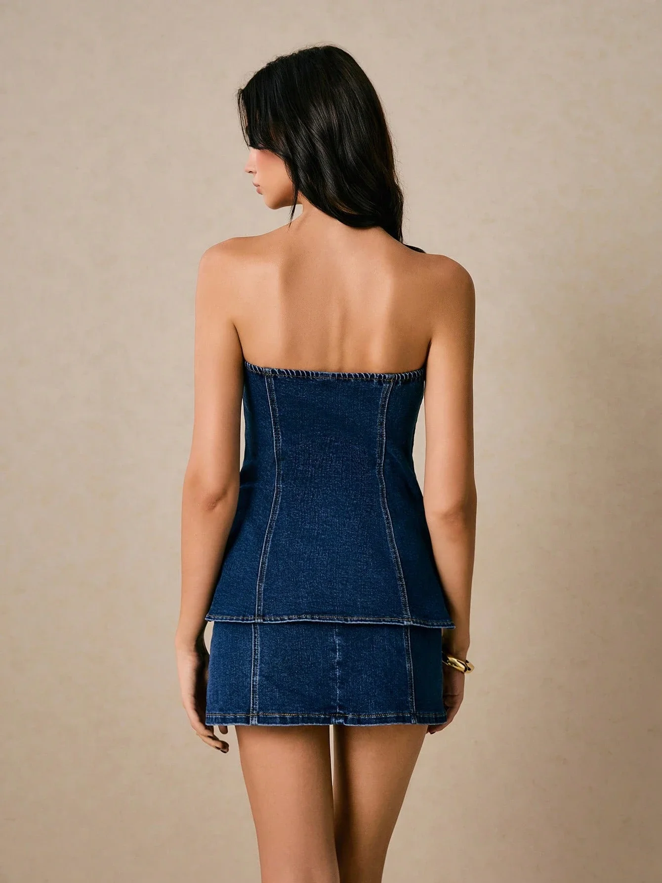 

Women's Denim Tube Top And Mini Skirt Two Piece Set With Metal Buttons
