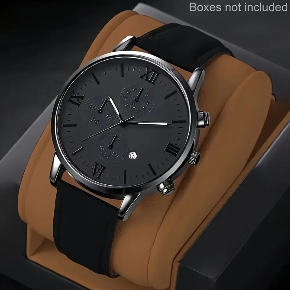 3PCS Fashion Roma Dial Men Business Watches Casual Leather Band Calendar Quartz Wristwatch Jewelry Set Reloj Hombre（Without Box）
