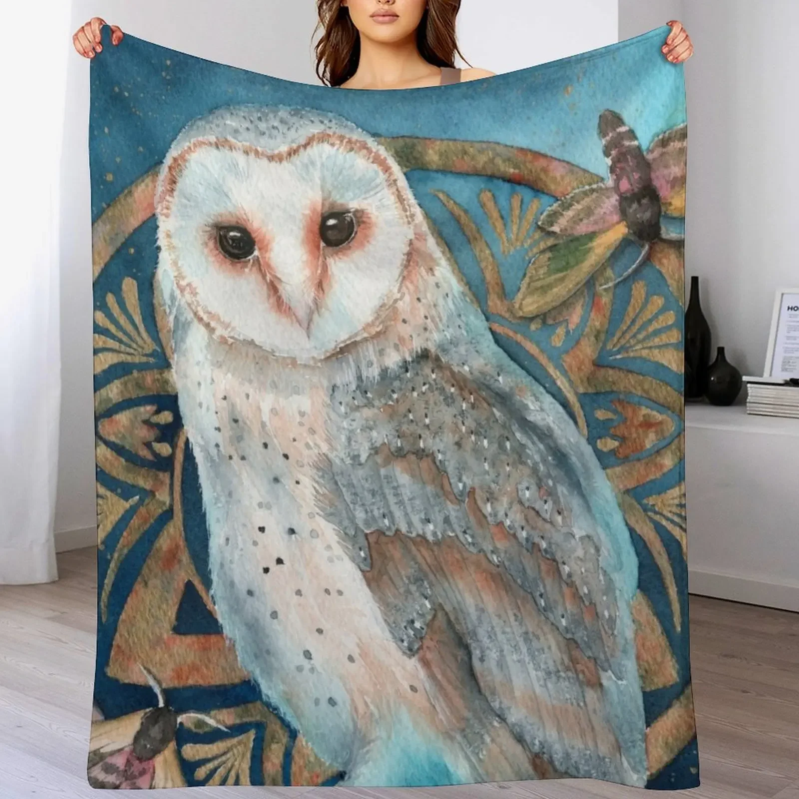 Watercolor barn owl with two hawkmothes Throw Blanket Tourist Cute Plaid Blankets