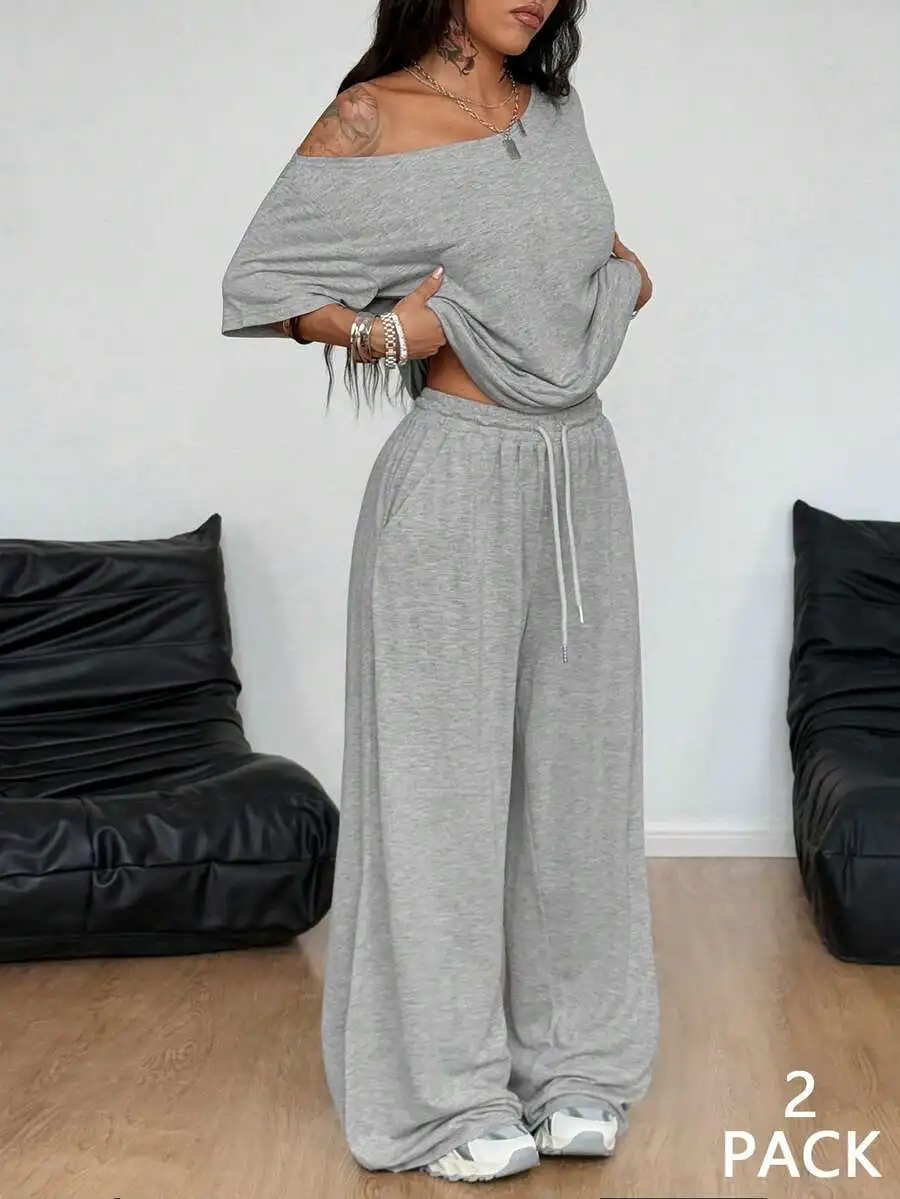 

Women's Off-Shoulder T-Shirt & Wide Leg Sweatpants 2-Piece Lounge Set