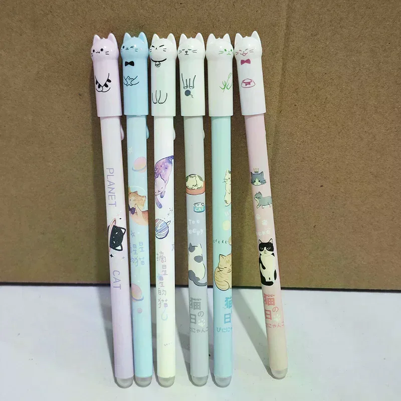 6Pcs Student Teacher Gift 0.5mm Cute Cat Tail Erasable Gel Pen Set Blue Magic Refill School Office Kawaii Writing Stationery