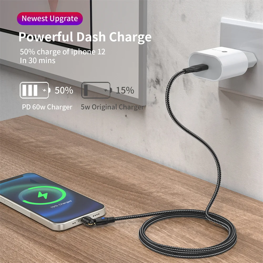 USLION PD 60W 3A Fast Charging Magnetic Cable 540° Rotate Micro USB Type C Cable For iPhone Samsung Xiaomi Huawei Data Wire Cord