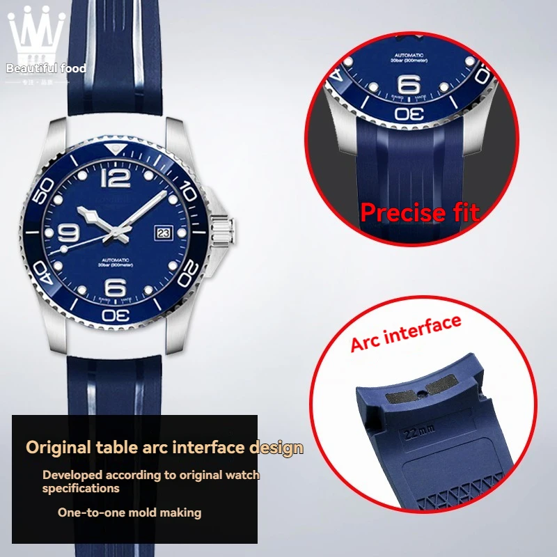 For Longines Kangkas diving watch L3.781/L3.782 curved fluororubber watch strap with 41/43mm dial and curved mouth bracelet male