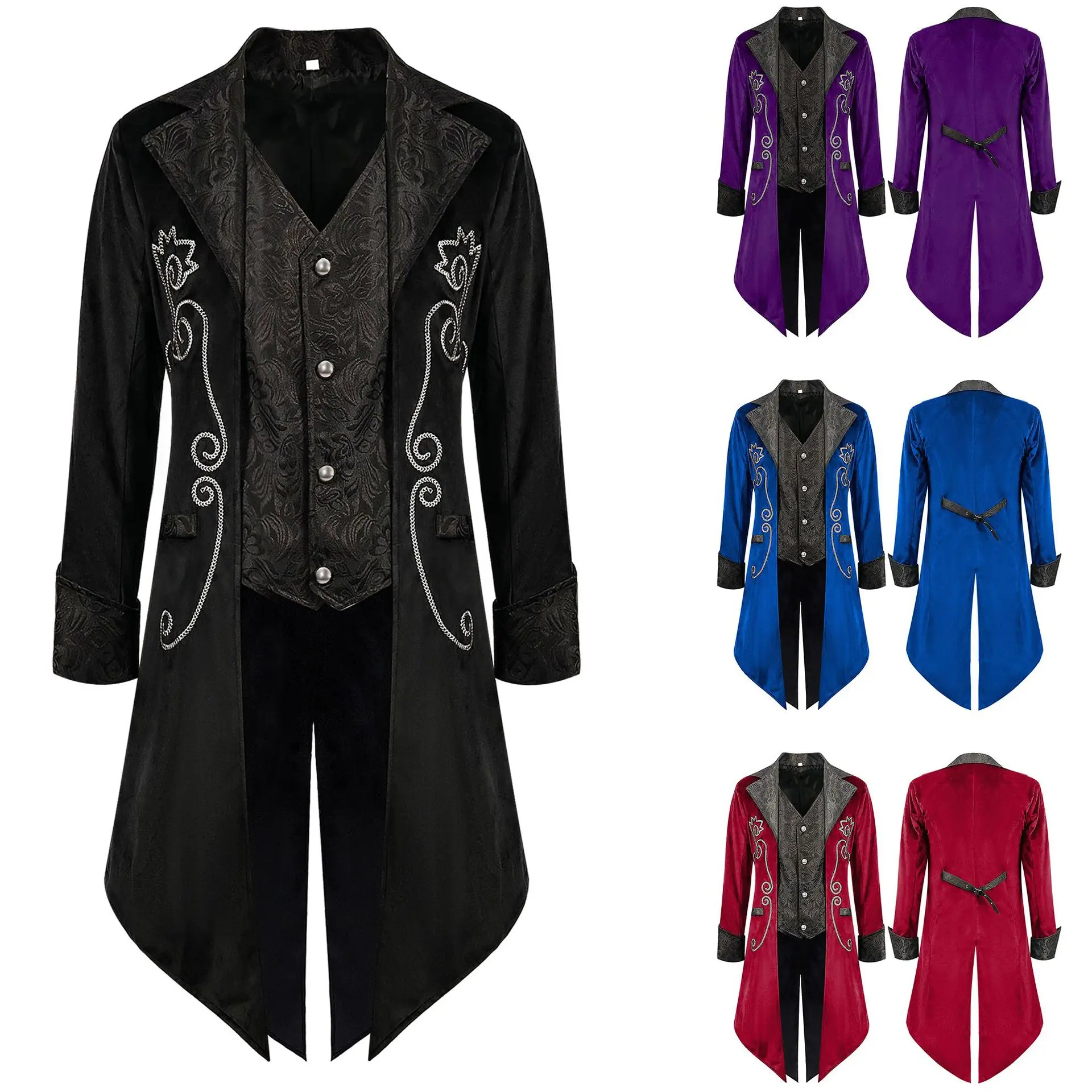 Men Steampunk Gothic Victorian Jacket Vintage Purple Velvet Tailcoat Medieval Frock Coat Uniform Renaissance Costume Homme XXXL