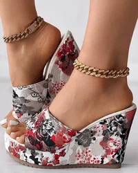 Buty damskie modne buty japonki na co dzień lato Vintage, w kwiaty nadruk Peep Toe kapcie na platformie