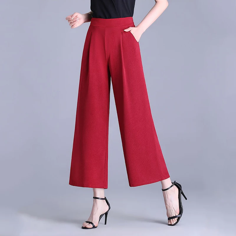 Simplicity Casual Summer Solid Pants Ice Silk Women\'s Elastic Waist Pockets Button Fashion High Waist Wide Leg Cropped Trousers