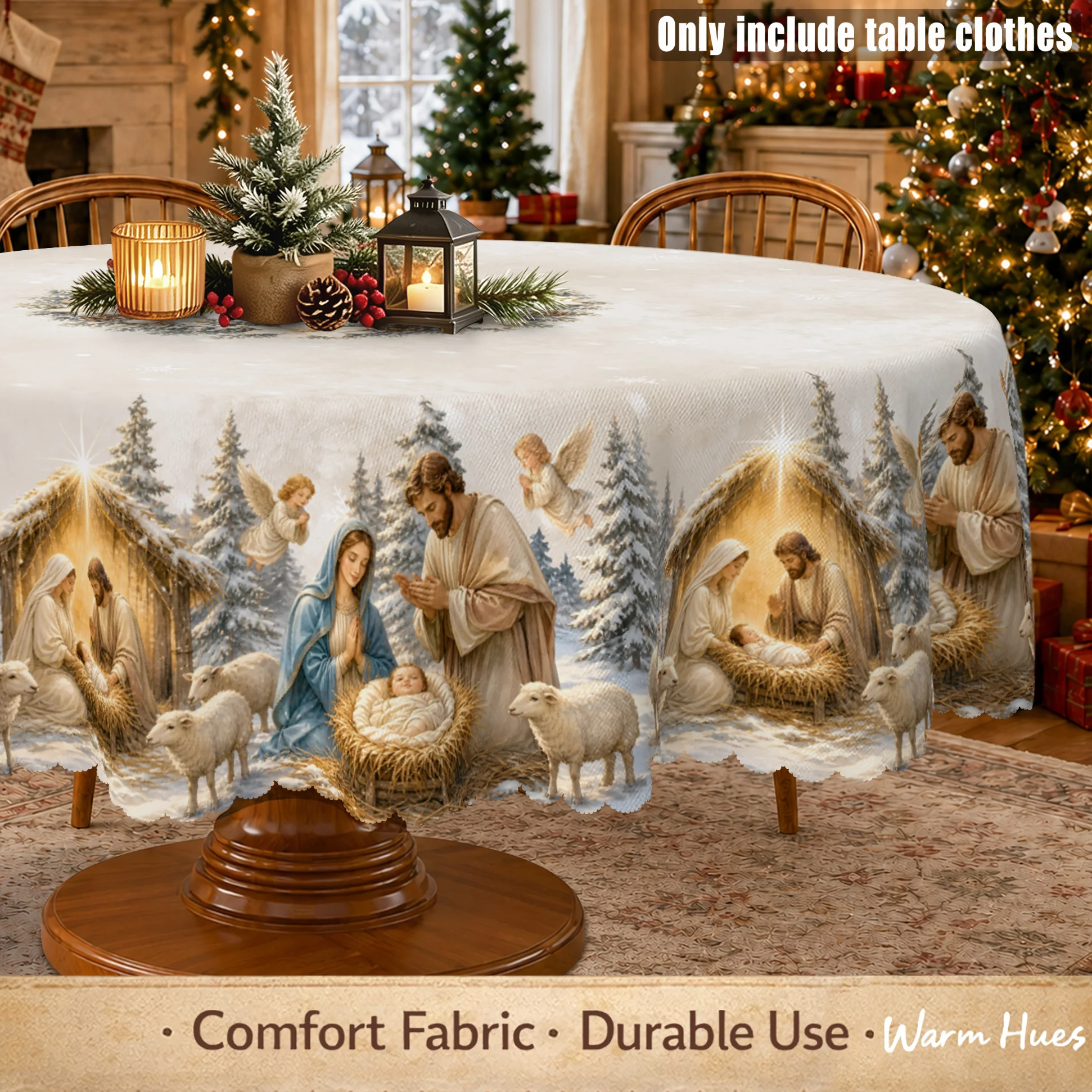1 piece, retro Christmas nativity theme tablecloth, Christmas manger scene print, winter snow forest