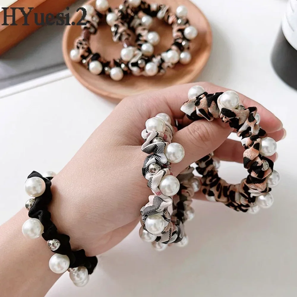 Lazos para el pelo con perlas de imitación para mujer, corbatas elásticas simples con patrón de leopardo a cuadros, pulsera de cuerdas para coleta