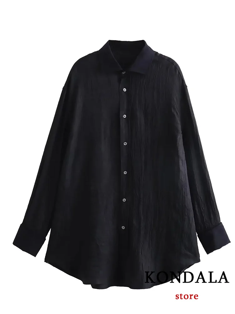 KONDALA Vintage Casual Women Blouse Black Solid Turn-down Collar Single Breasted Loose Blouse New Fashion 2023 Autumn Shirts