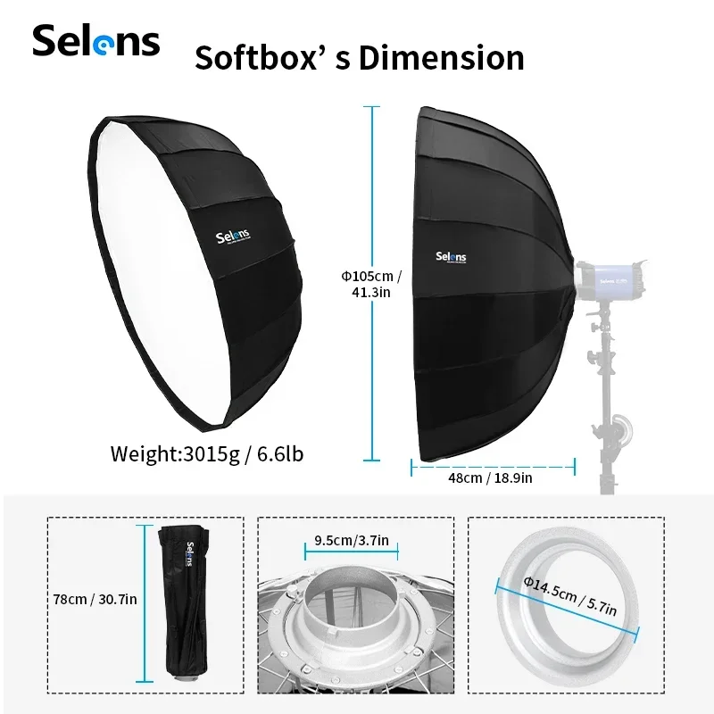 NEW Selens 105cm 16 Rods Dish Softbox Quick Folding Portable with Bowens Mount for Studio Portrait Photography