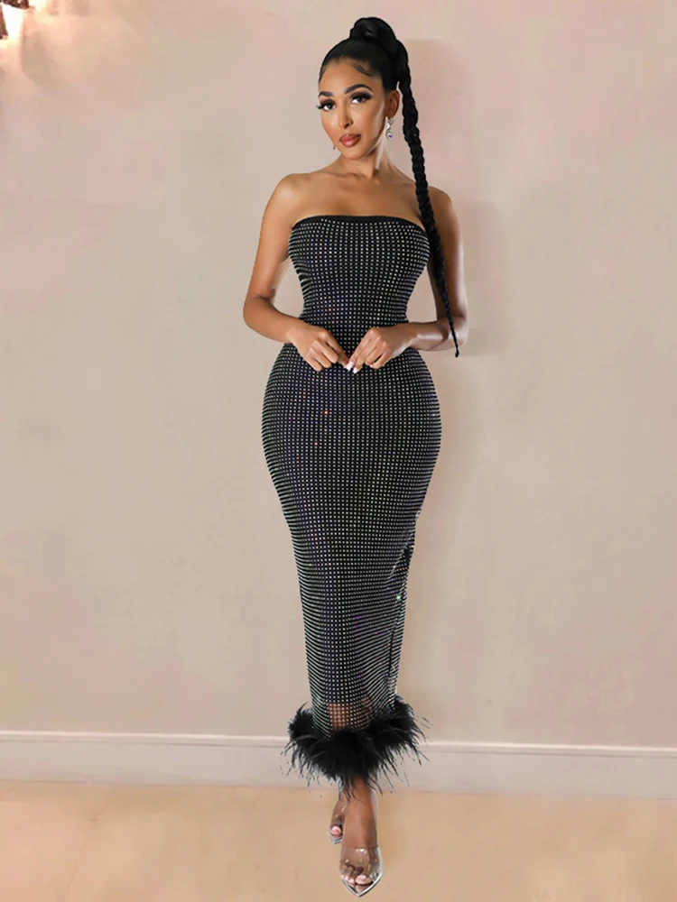 

Women's Strapless mesh Hotfix Rhinestone Long Feather Sexy Fashion Slim Black Dress Evening Off Shoulder Elegant Party Dress