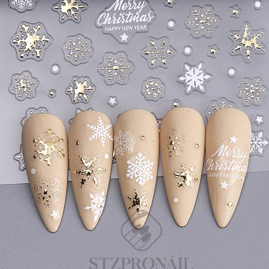 Christmas Nail Stickers 5D Gold White Elk Snowflake Snowman Bow Star Tree DIY Winter Xmas Decal Slider Manicure  Art Decoration