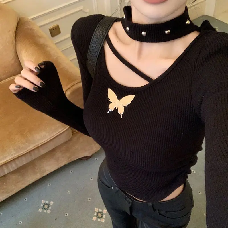 مثير جوفاء التدريجي القوس قصيرة طويلة الأكمام تي شيرت للنساء 2026 الخريف/الشتاء نمط جديد التخسيس تنوعا تصميم قاعدة طبقة علوية #6