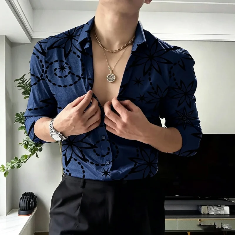 Men's Floral Print 3/4 Sleeve Shirt Slim Fit Casual Button Down Blouse