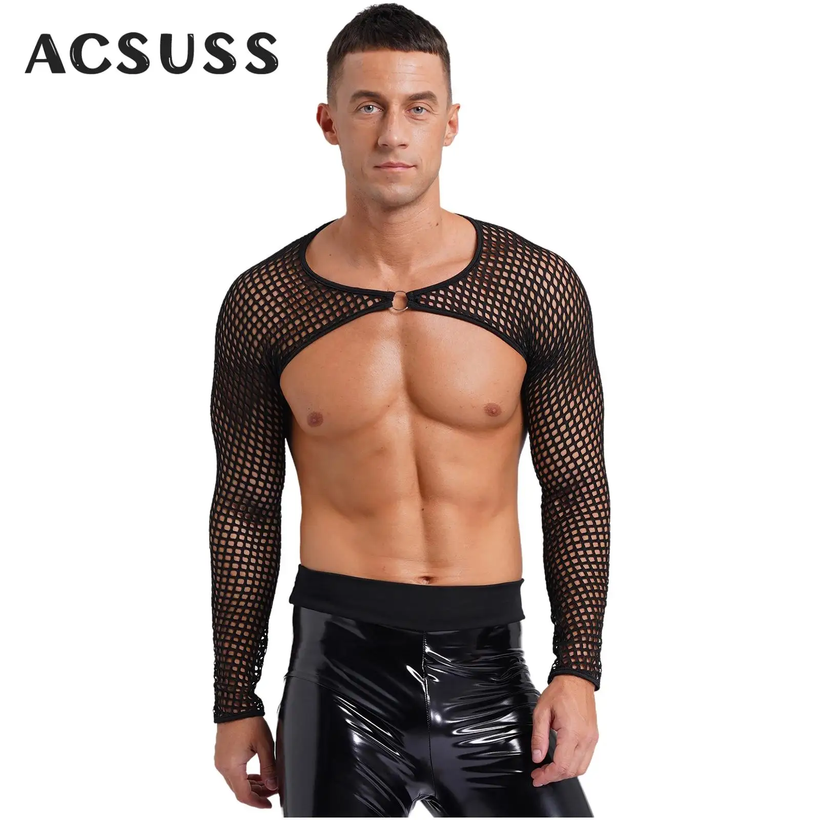 Men Fishnet Hollow Out Crop Top Clubwear See-through Long Sleeve Cover Ups T-shirt Nightclub Rave Dance Party Sexy Tank Tops