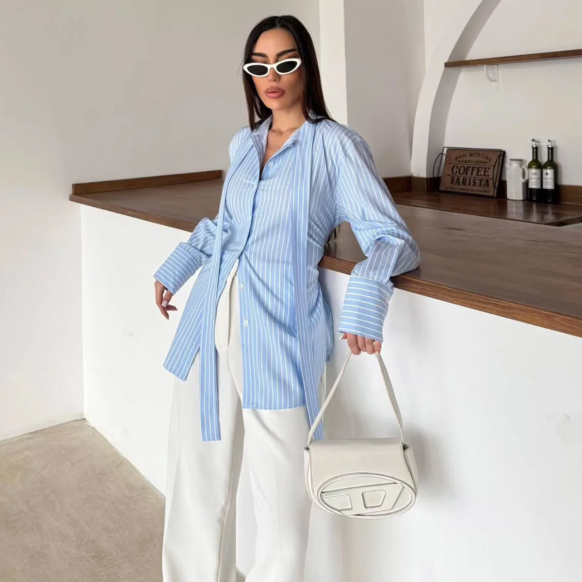 

BJTZ 2026 Women Tie Neck Shirt Slim Fit Commute Blouse Long Sleeve Open Front Cardigan Top Office Wear