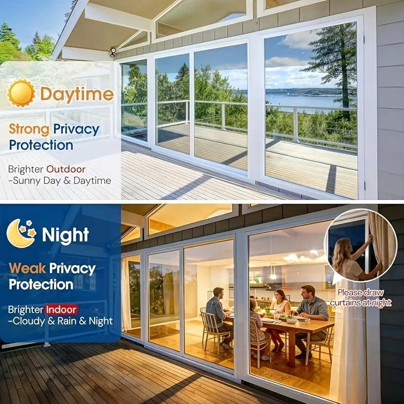 One Way Privacy Window Film Daytime Heat Control Sun Block Anti Glare Static Cling Removable Black Silver for Home Glass